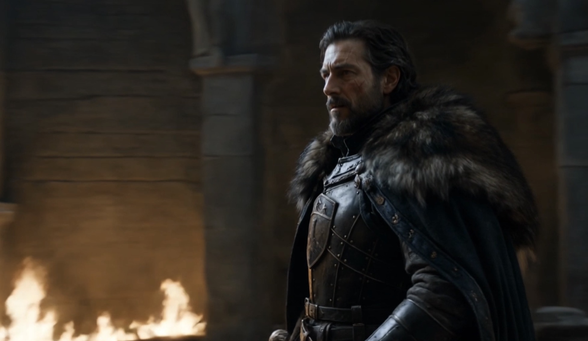 Lord Alistair Wexford standing before a northern hall fire in Crownfall