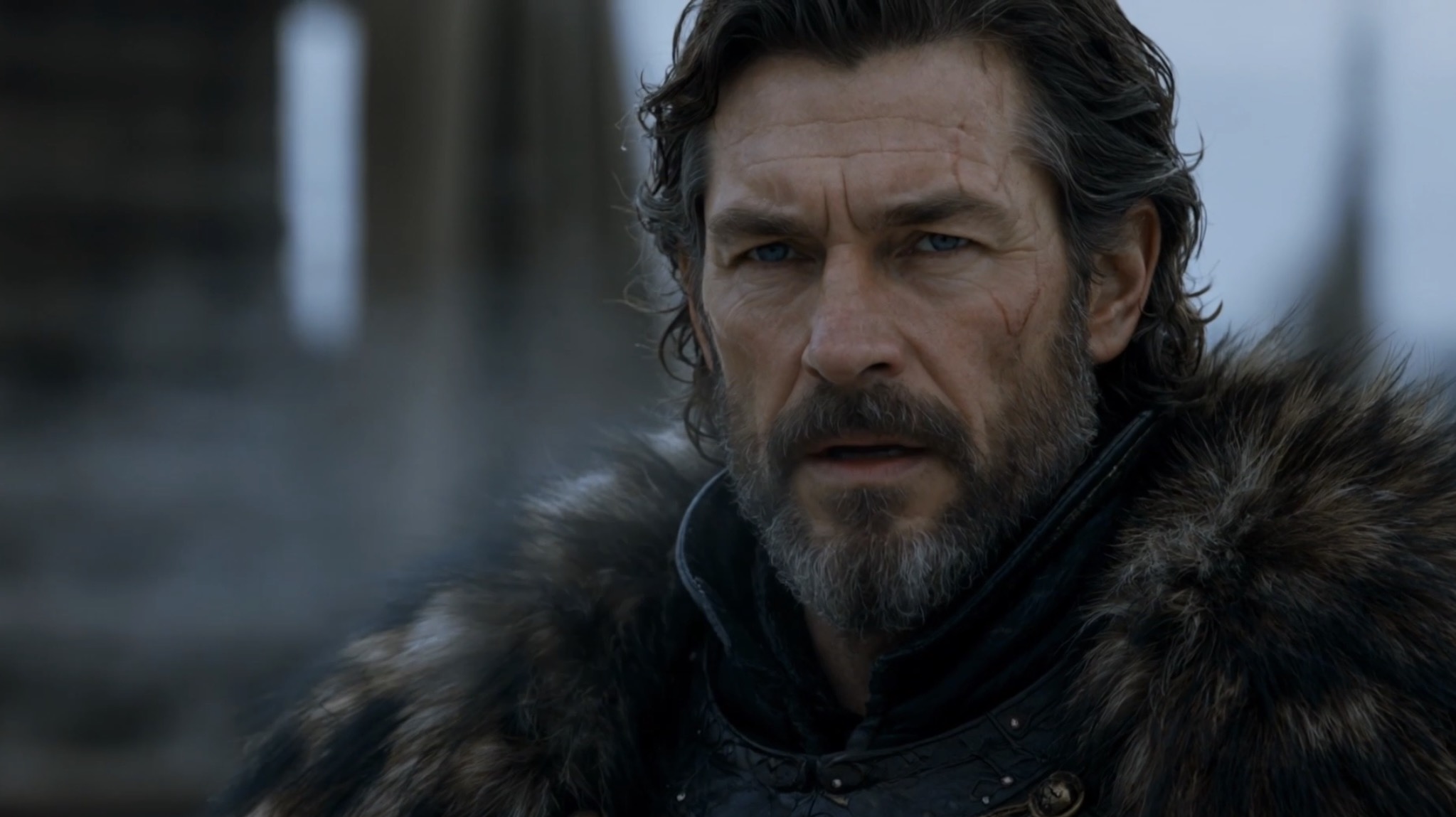 Lord Alistair Wexford in fur-trimmed northern armour in Crownfall