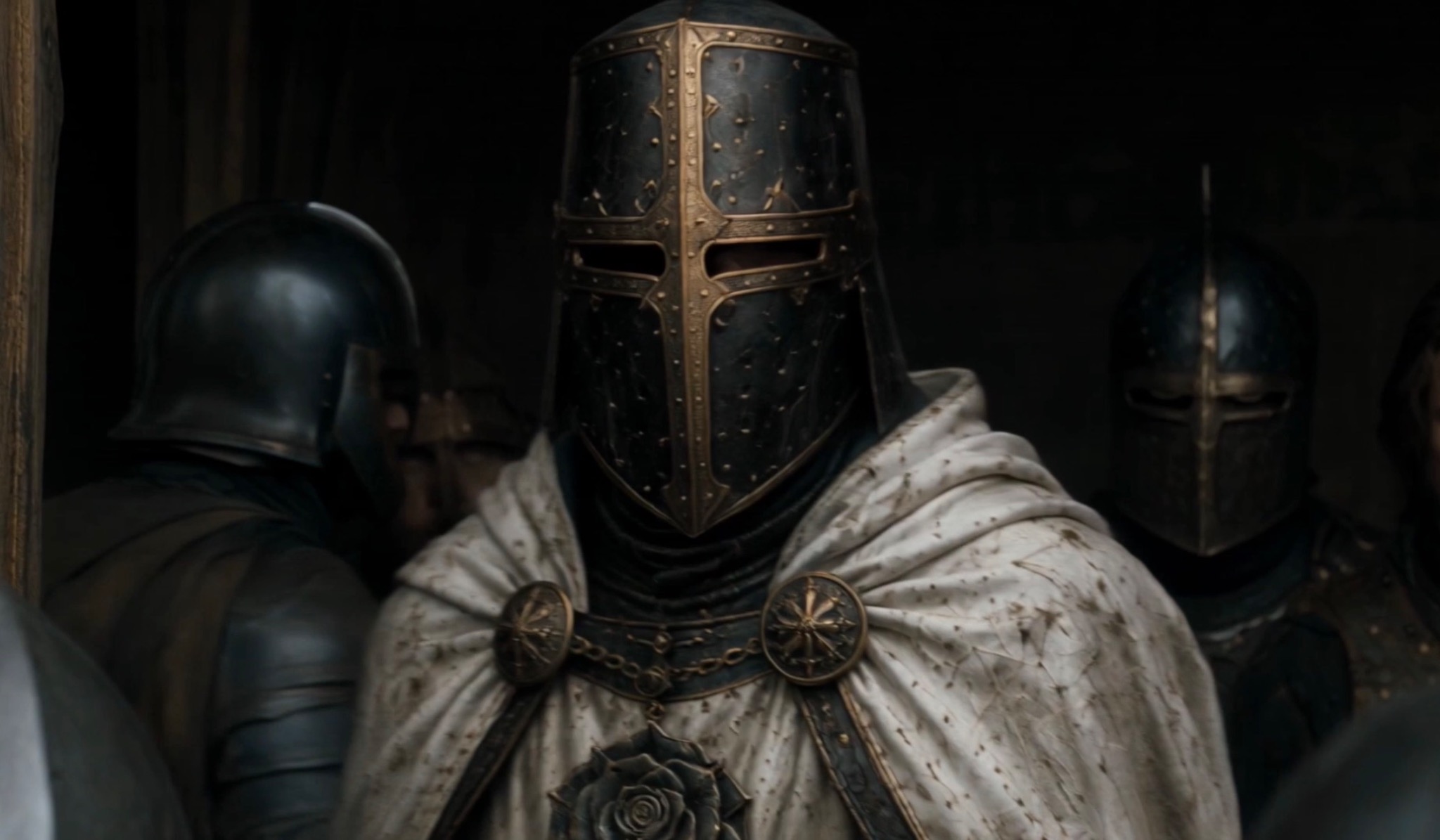 Caelan Ashbourne standing among armed knights in Crownfall