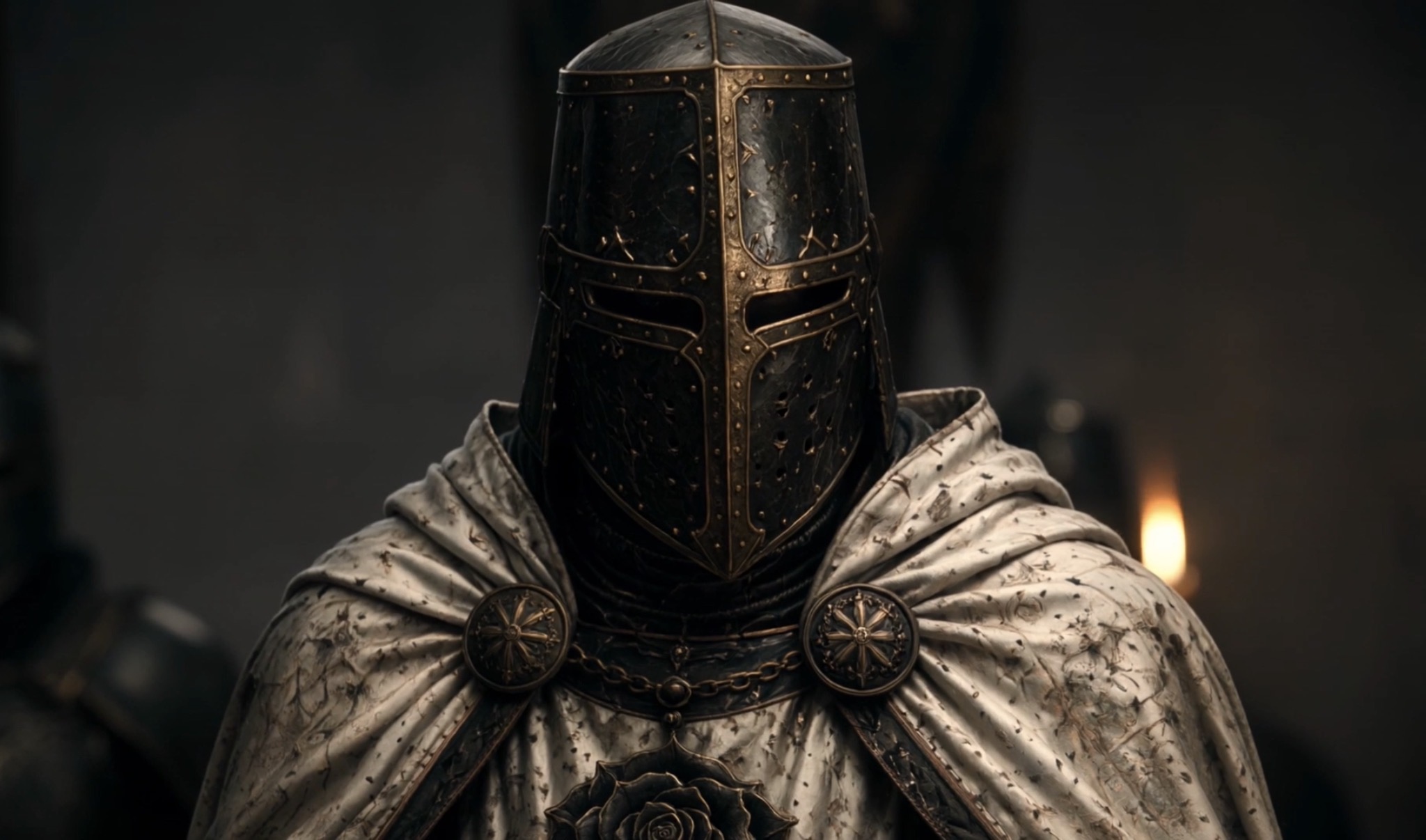 Caelan Ashbourne in the white cloak and dark helm of an Avalosian Crusader in Crownfall