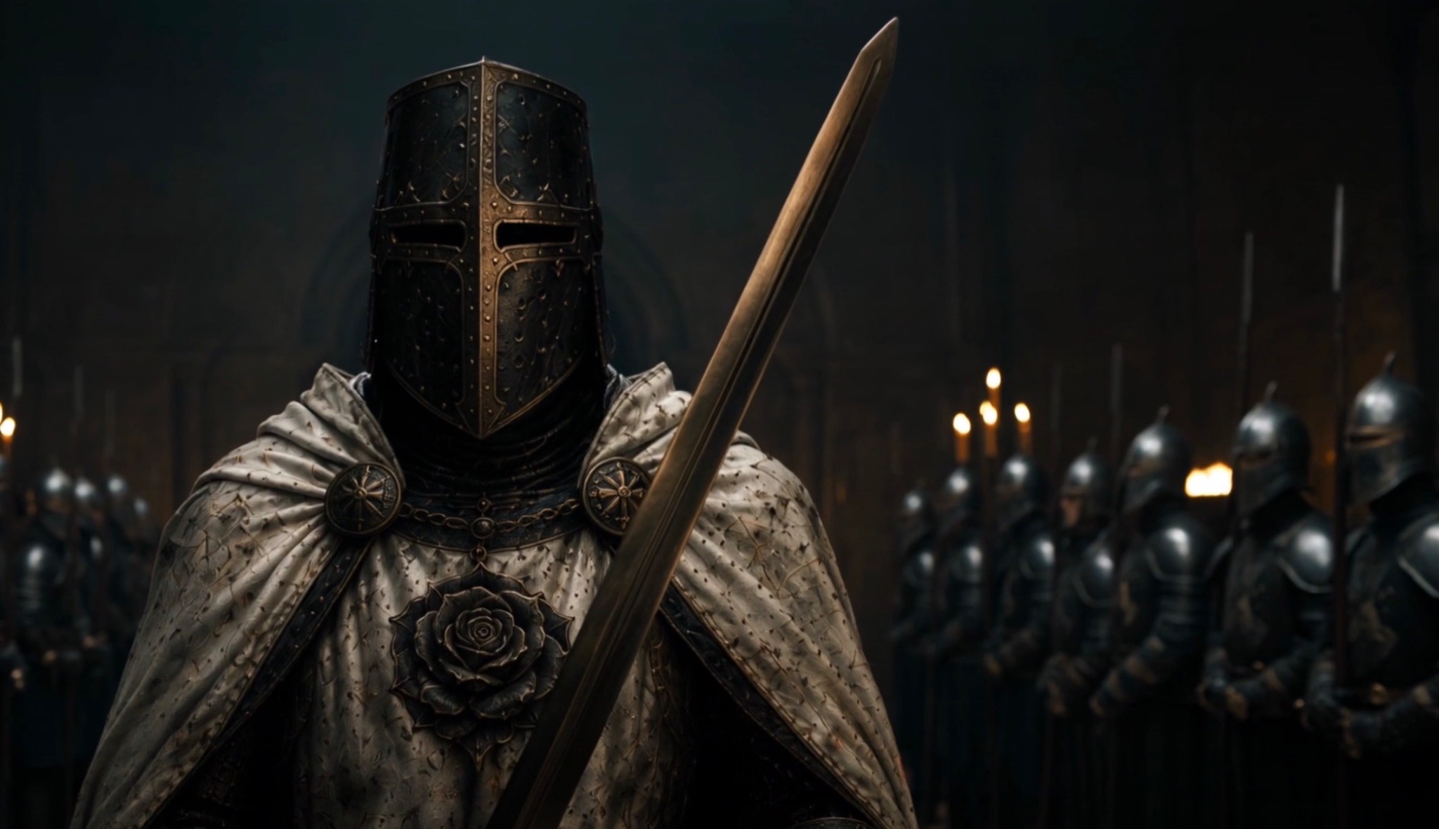 Caelan Ashbourne bearing his sword before assembled soldiers in Crownfall