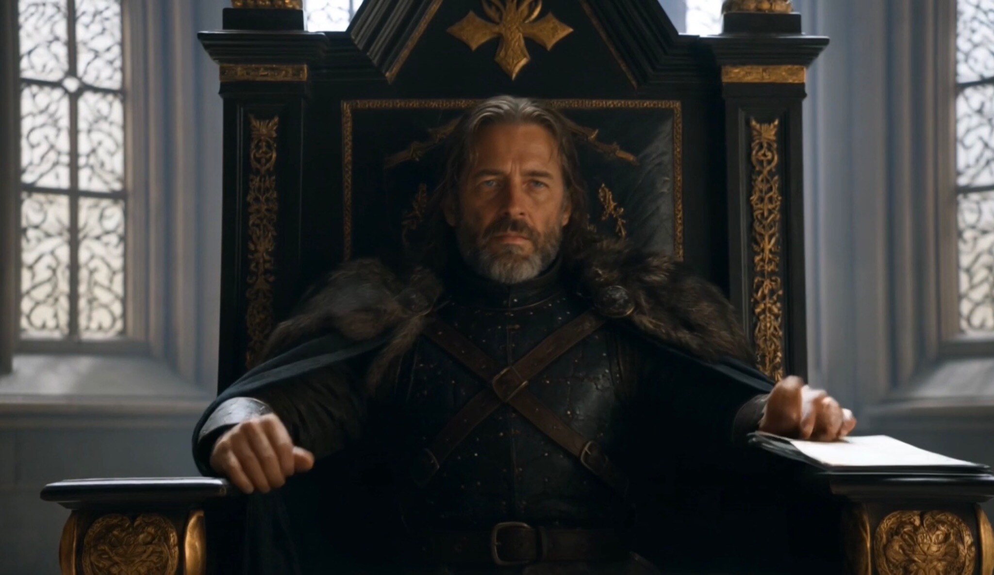 Cedric Blackthorne seated before the Ardent Throne in Crownfall
