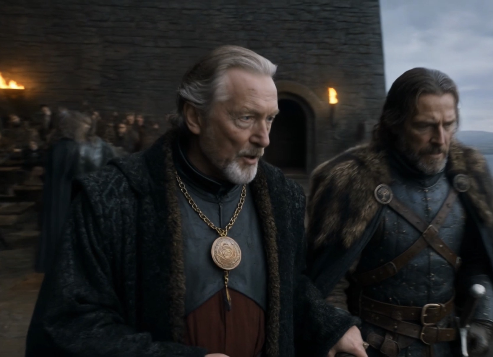Chancellor Marlowe walking beside Cedric Blackthorne in Crownfall
