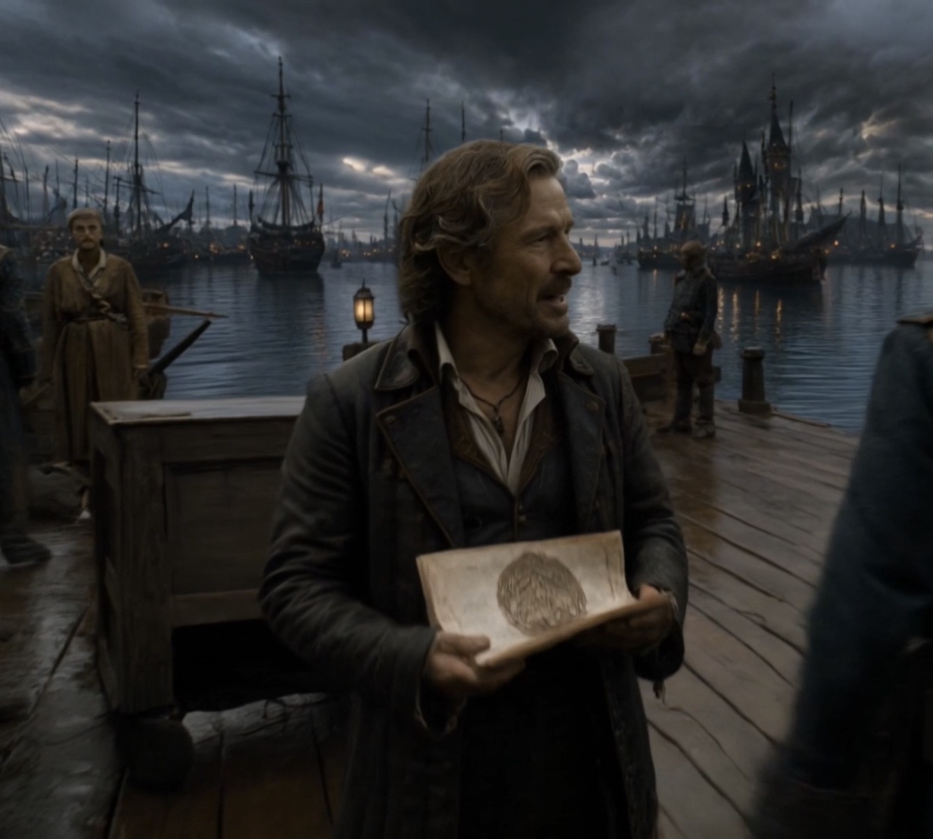 Charles Harrow holding harbour papers beside the Free States fleet
