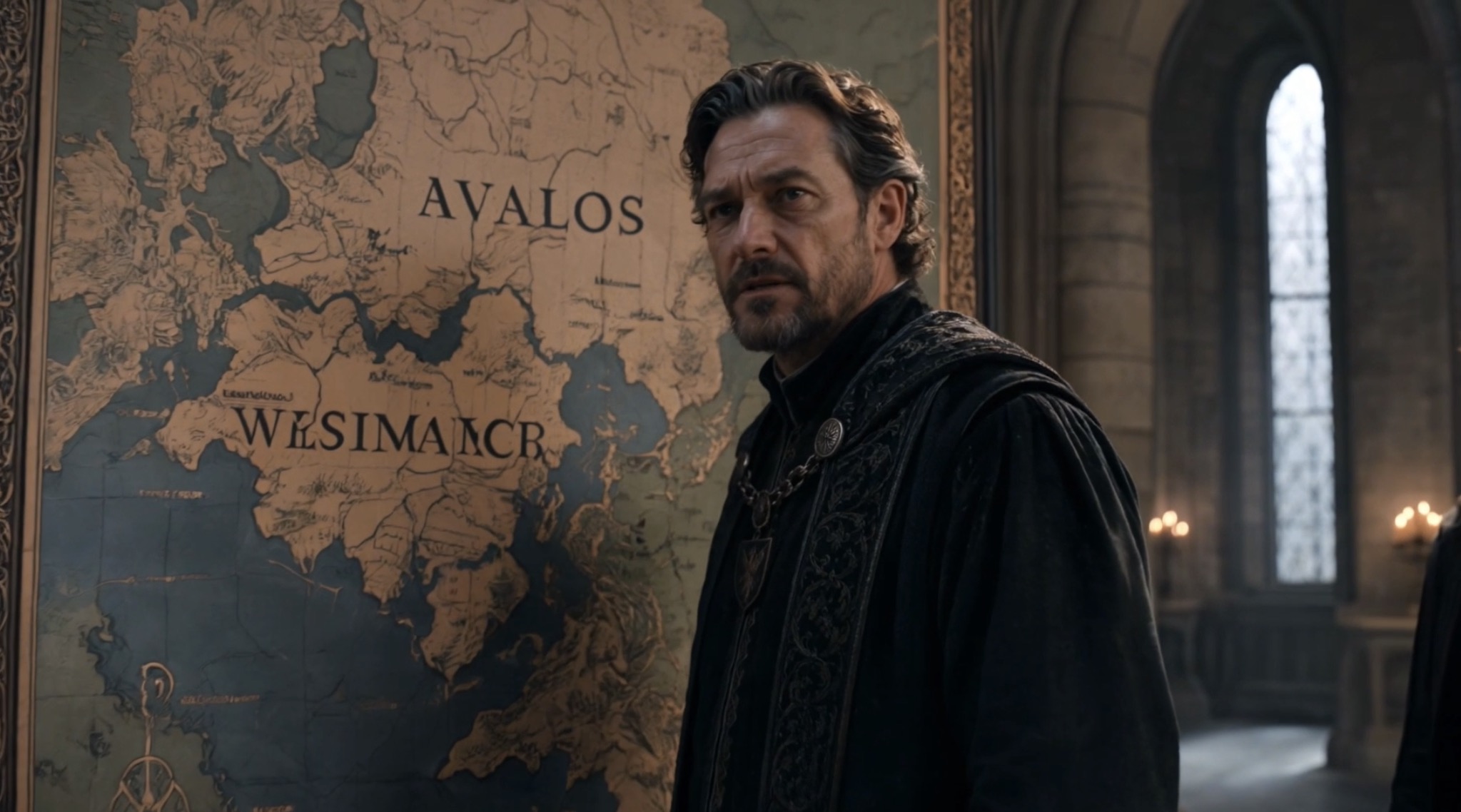 Prime Minister Edwin Vale standing before a map of Avalos and Westmarch in Crownfall