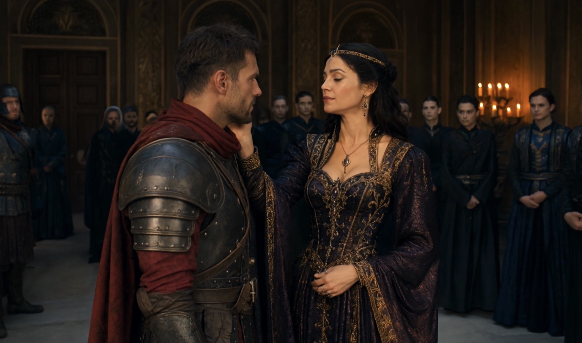 Empress Ariel standing beside her consort Erik Kael in Crownfall