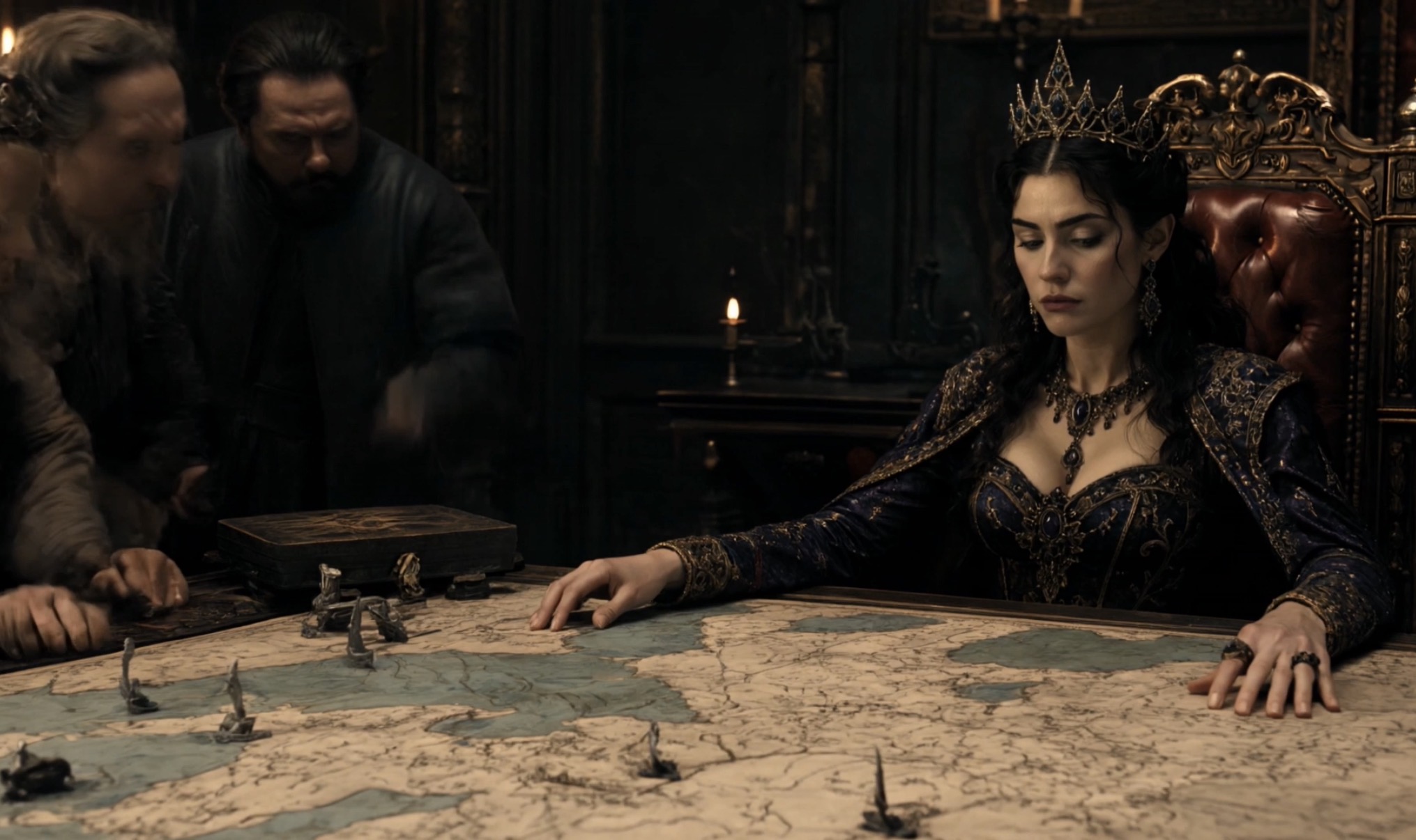 Empress Ariel studying a campaign map with her council in Crownfall