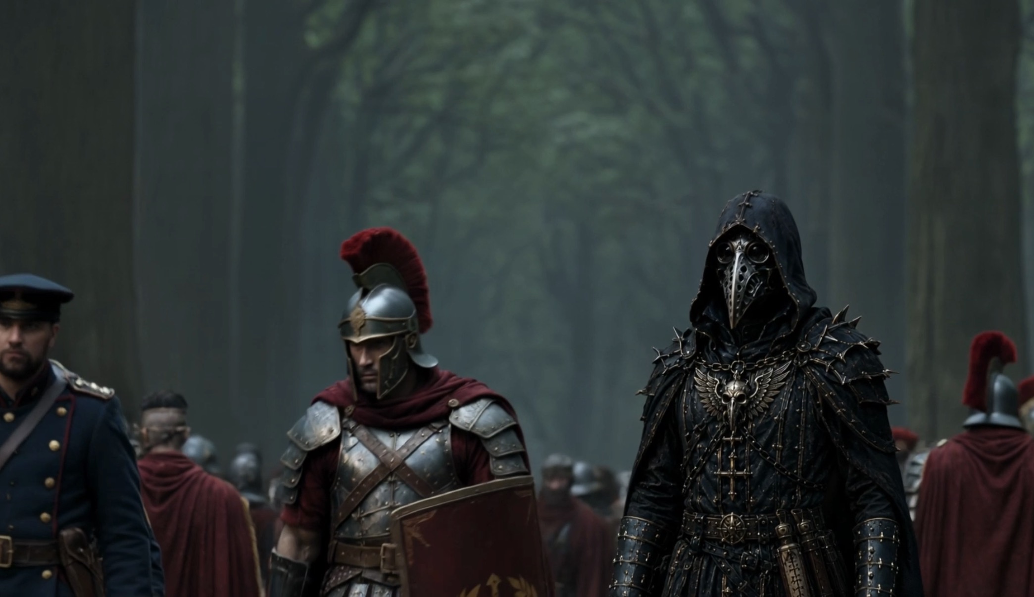 Inquisitor Veythar walking with a Varian military column through the Eternal Forest in Crownfall