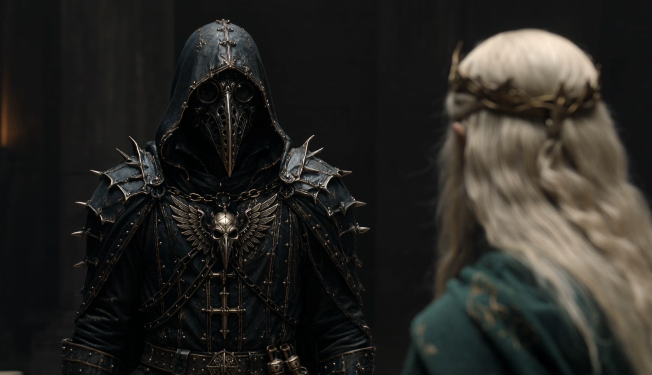 Inquisitor Veythar standing before High Inquisitor Sylvara in Crownfall