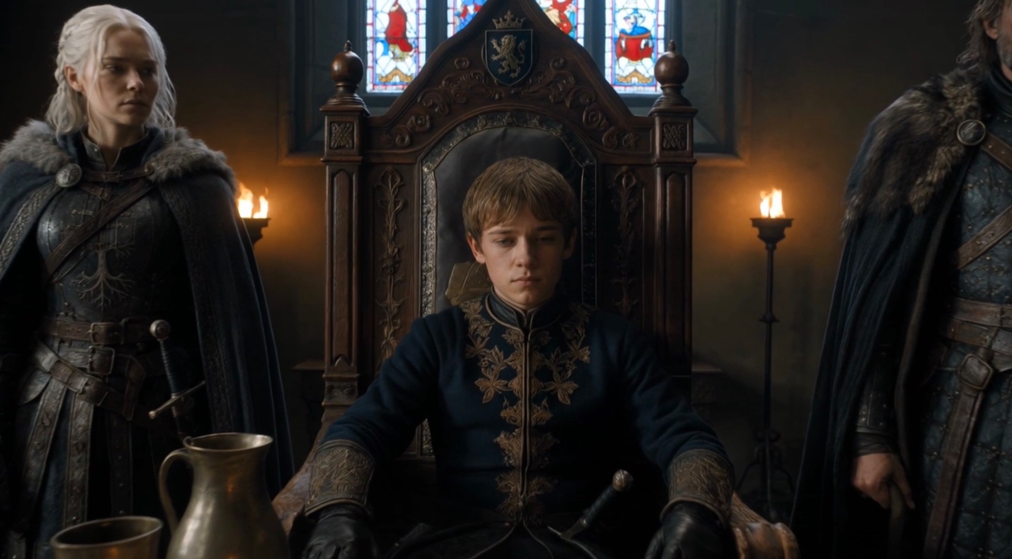 King Aldric Lionell seated upon the Ardent Throne in Crownfall