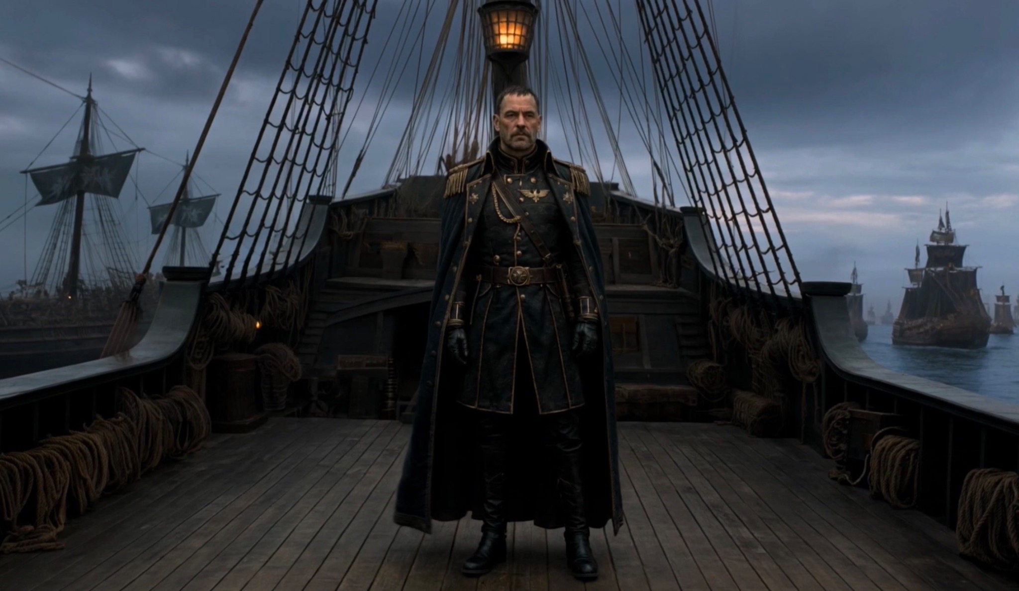 Admiral Konrad Hess standing before the Imperial fleet in Crownfall