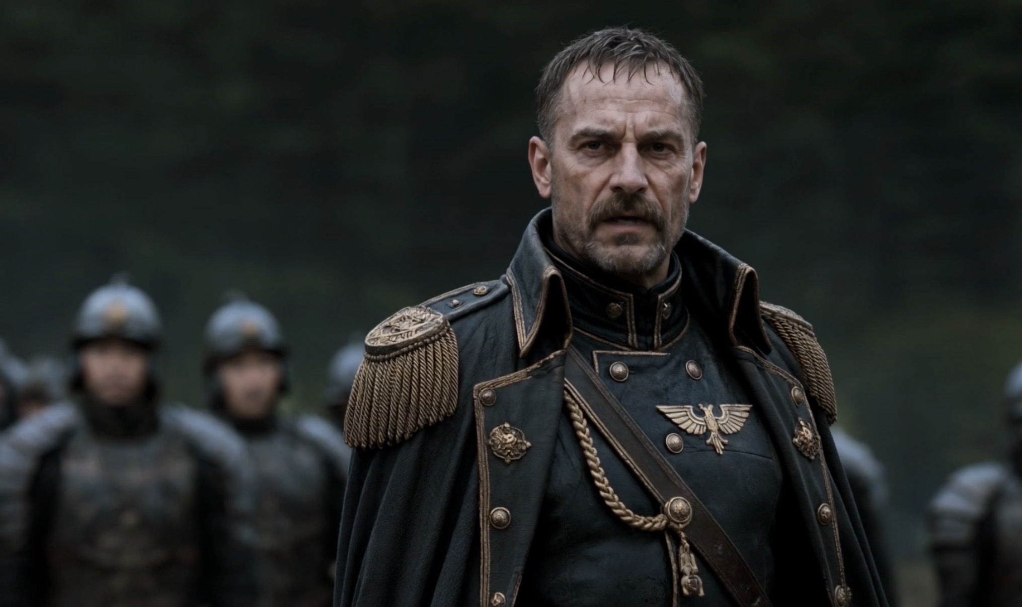Admiral Konrad Hess before assembled Varian soldiers in Crownfall