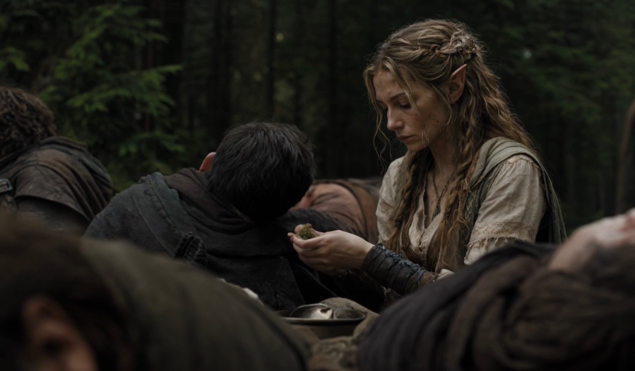 Lireal healing a wounded traveller in the Eternal Forest
