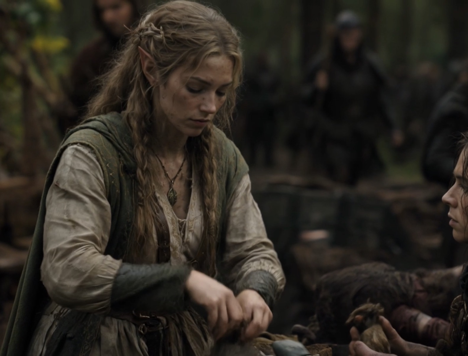 Lireal the elven healer tending the wounded in Crownfall