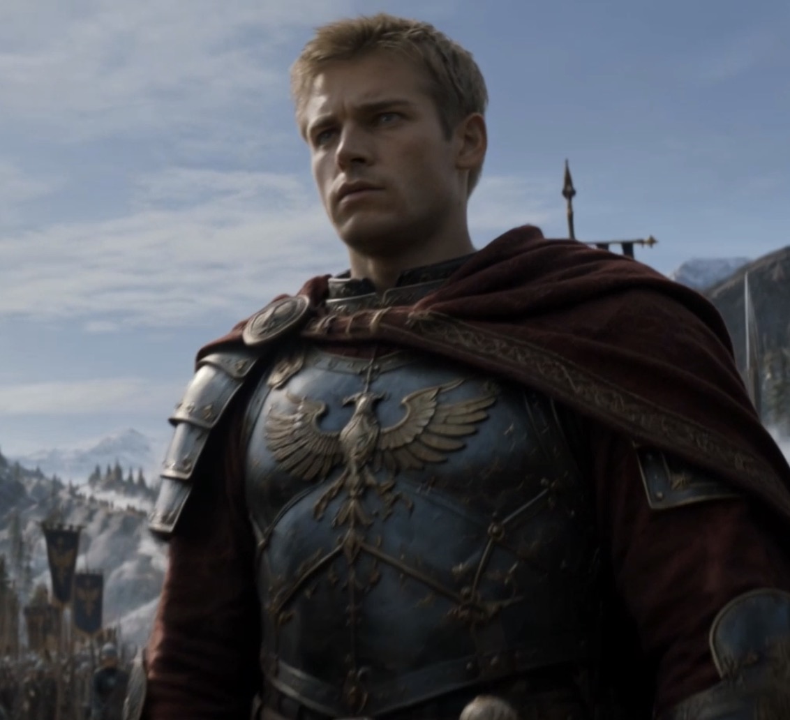 Prince Matthias Morvaak in Varian armour beneath imperial banners in Crownfall