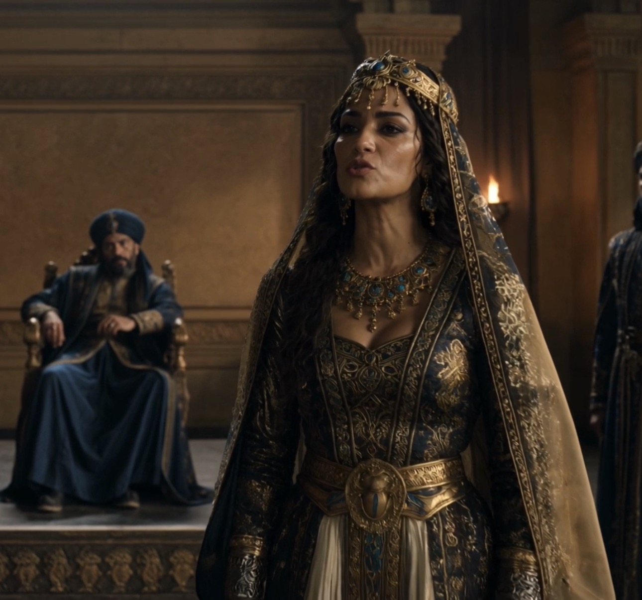Queen Nefertari addressing the court of Kemet'Ra in Crownfall
