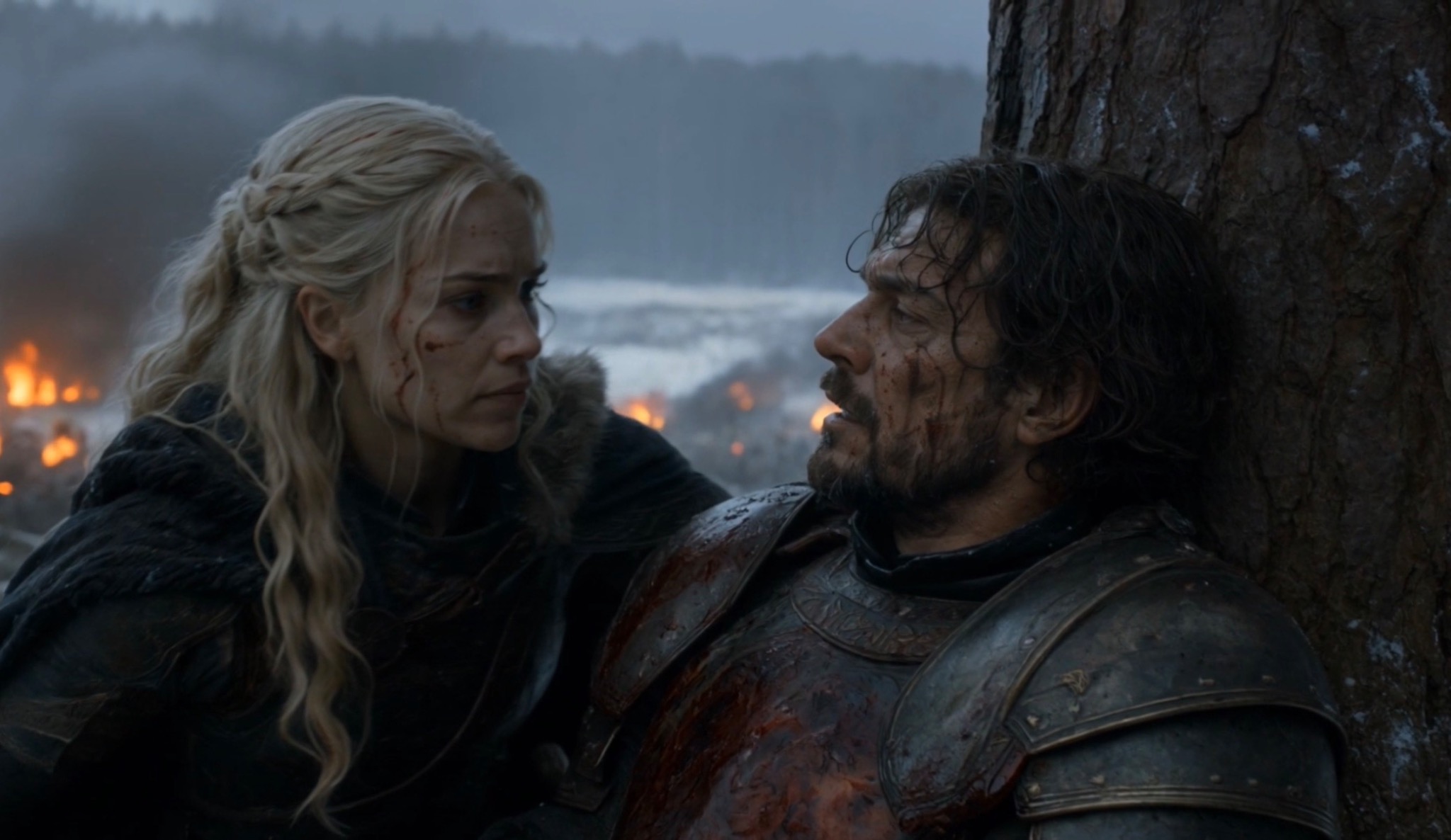 Ser Devrin Aldwin with Elra Blackthorne after battle in Crownfall