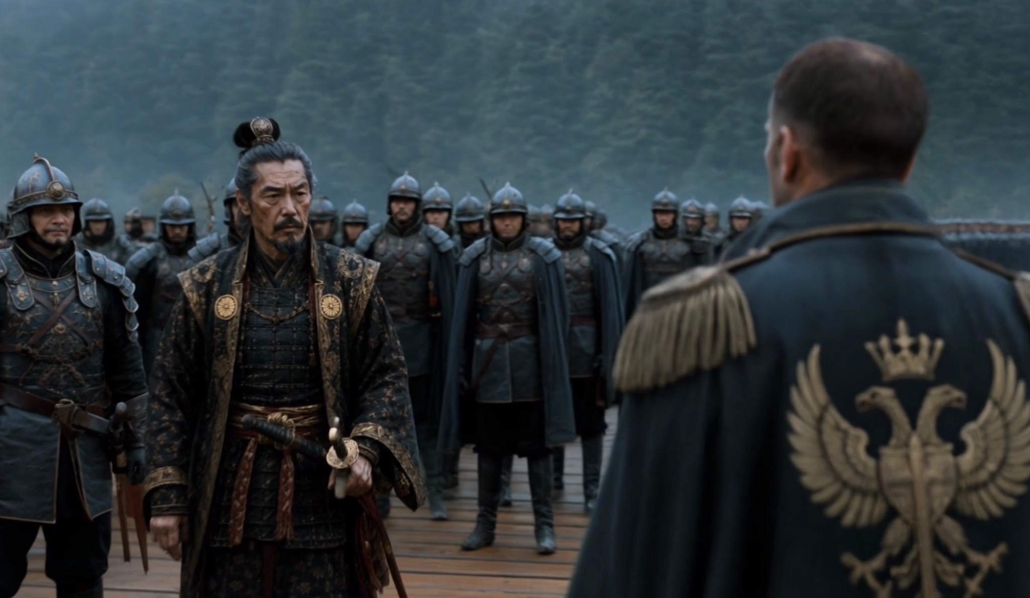 Shogun Hanzo V confronting a Varian admiral in Crownfall