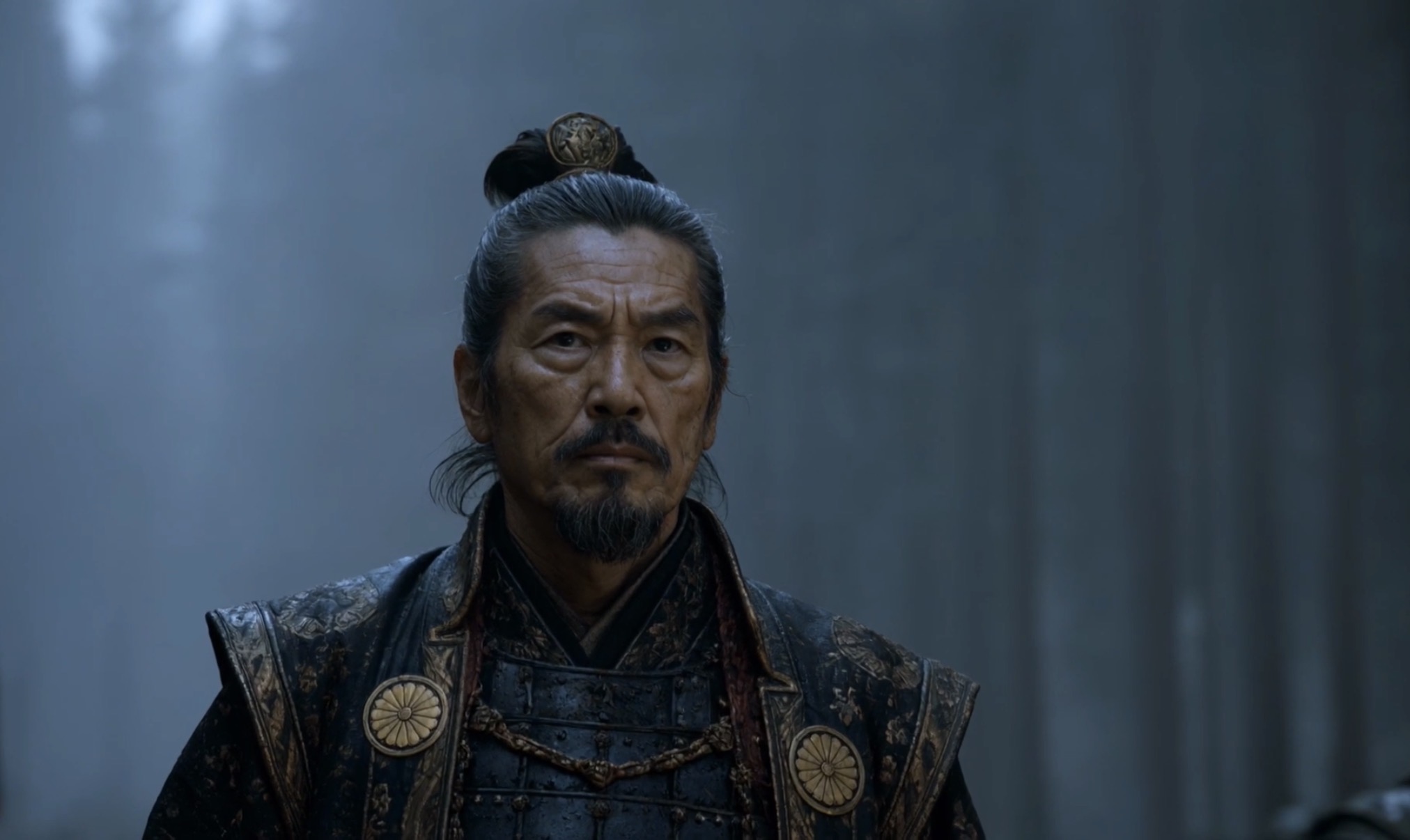 Shogun Hanzo V before the warriors of Yashamiro in Crownfall