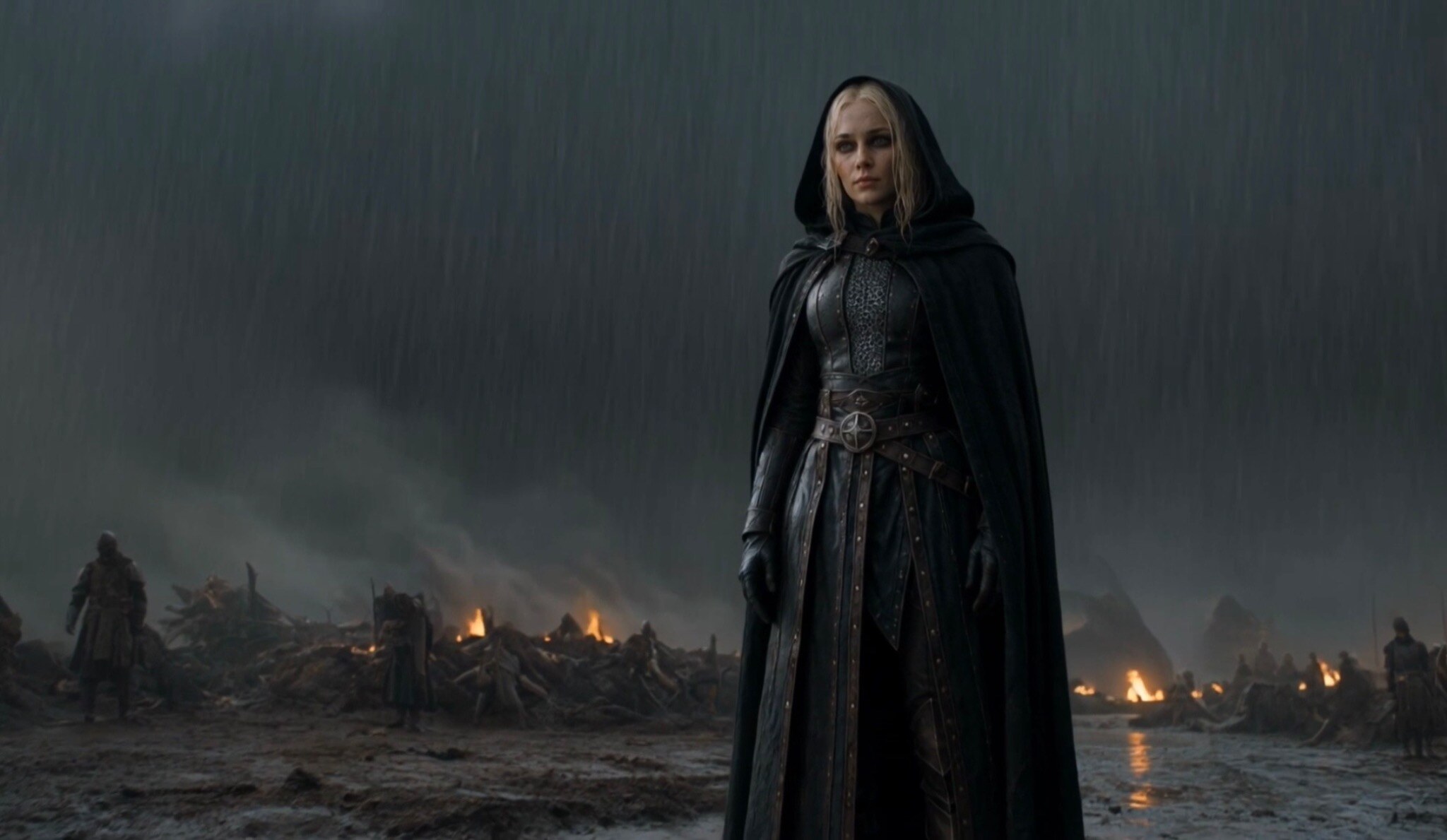 Sylvara standing upon a rain-soaked battlefield in Crownfall