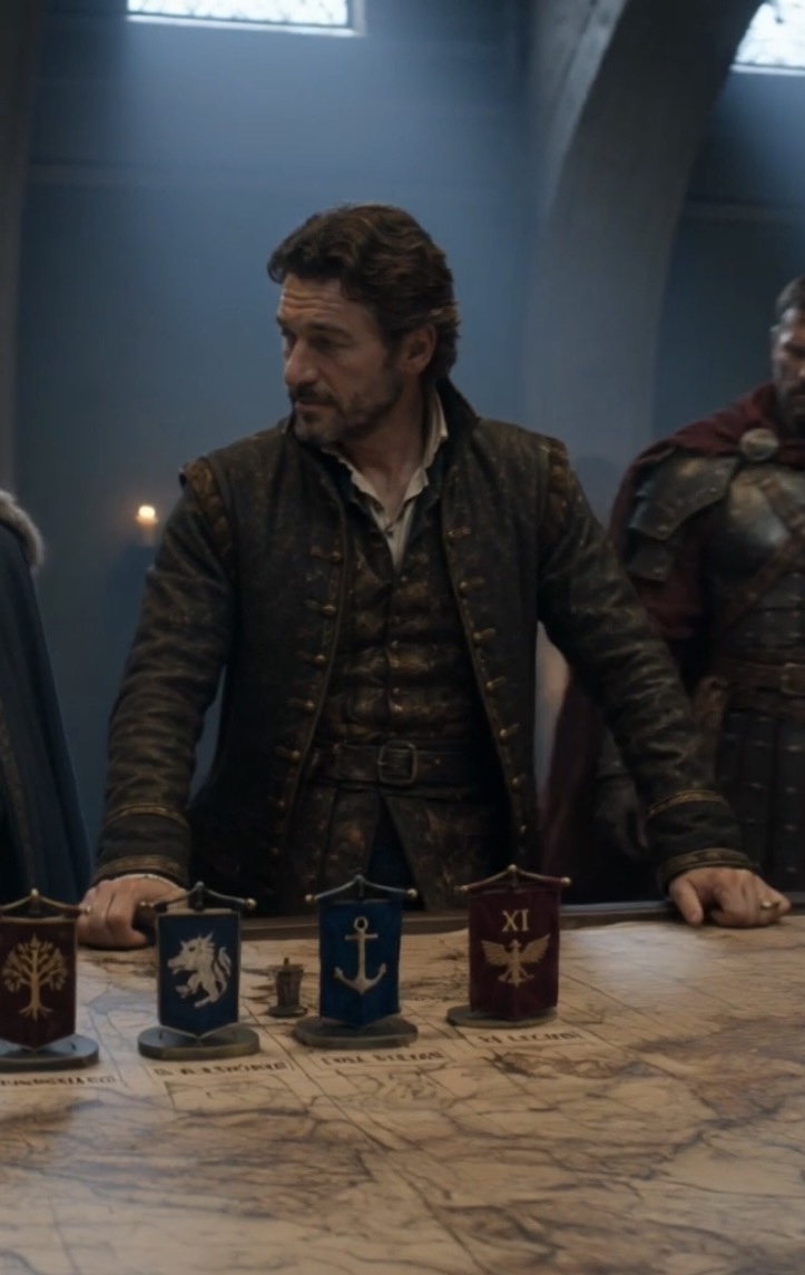 Governor Warren Brandt studying a campaign map in Crownfall