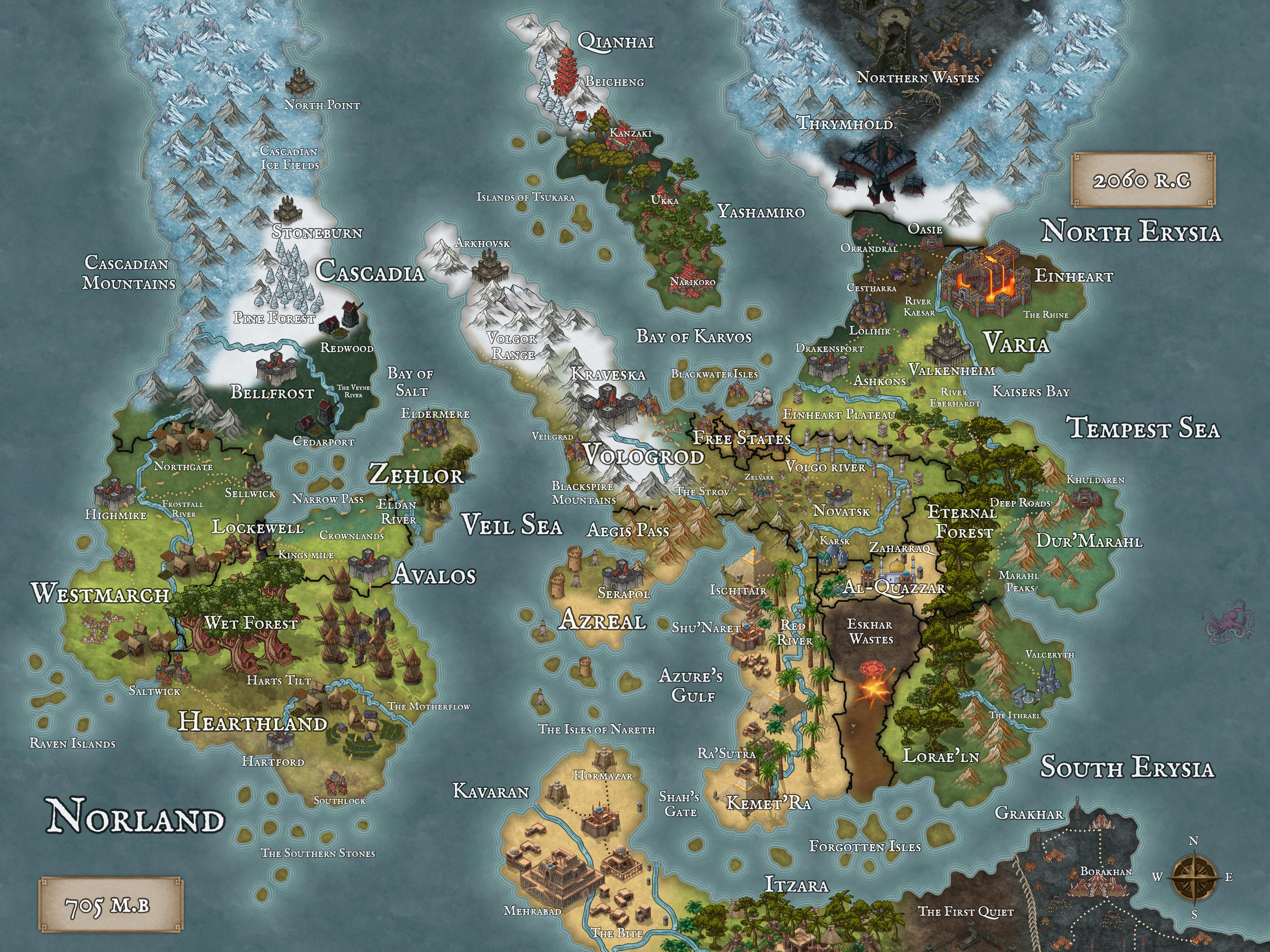 Crownfall dark fantasy world map showing Norland, Erysia, Varia, Vologrod, Azreal, Yashamiro and the surrounding realms